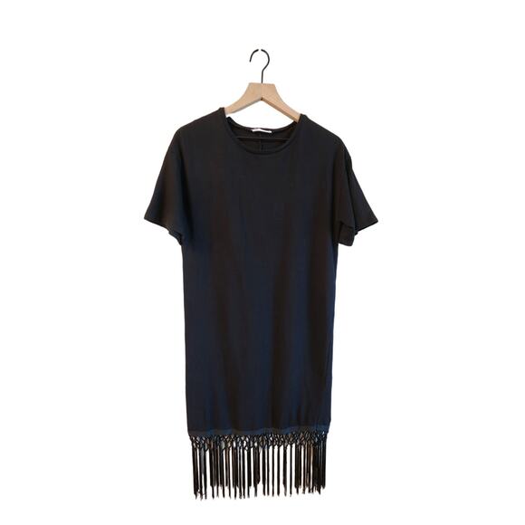 Zara Black Crewneck Short Sleeve Dress Fringe SZ Small Minimalist - Picture 1 of 9